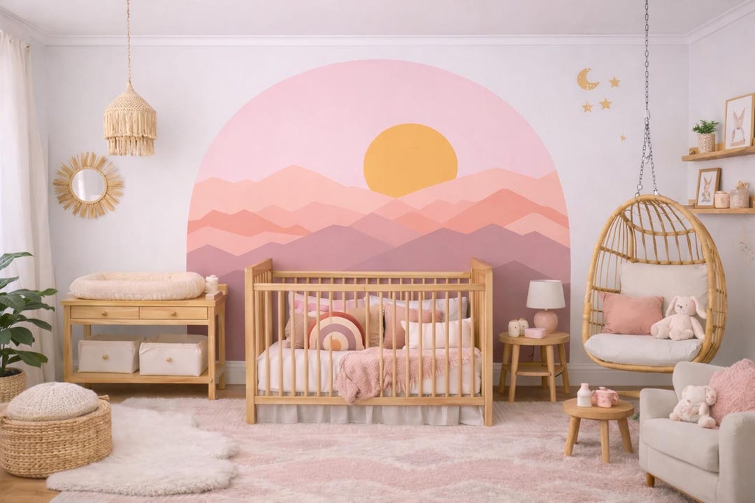 Boho Sunset Mountain Arch Wall Decal, Peel and Stick Nursery Mural ...