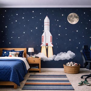 May include: A bedroom with a space theme. A wooden bed with blue bedding is in front of a wall mural of a rocket ship blasting off, a moon, and stars. A striped rug and a wicker basket are on the floor.