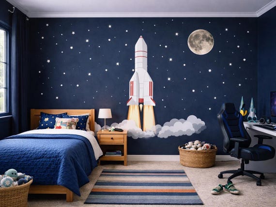 Rocket Ship Wall Decals with Moon & Stars – Space Nursery Wall Decals, Peel and Stick Removable Reusable, Boys Bedroom /  Playroom Decor