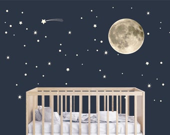 Full Moon Wall Decal with Stars / Moon and Stars Wall Stickers / Nursery , Kids Room , Full Moon Wall Art