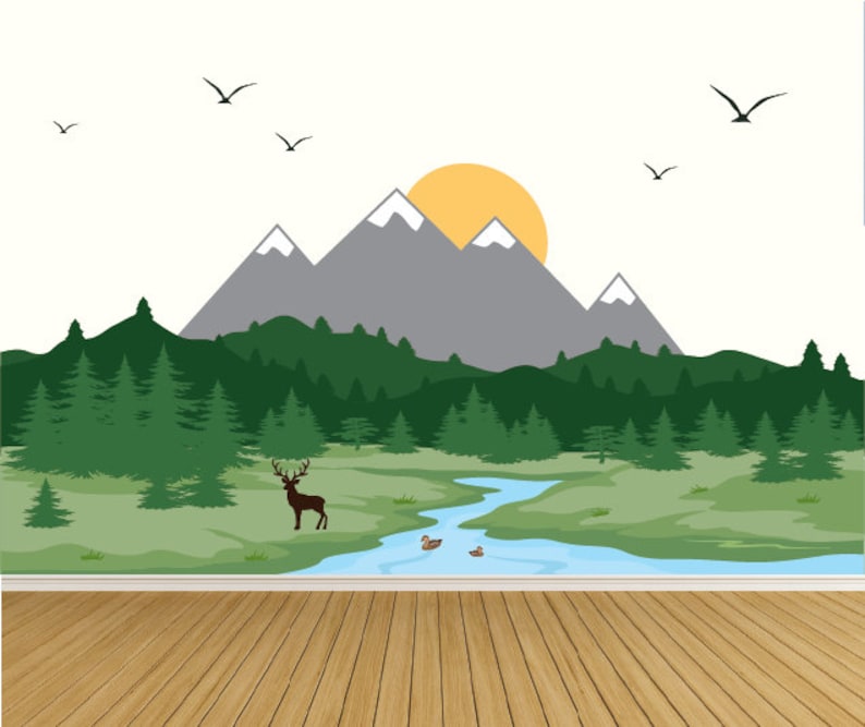 Forest Wall Decal Mural-Mountains-Deer-River-Outdoor Camping Kids Wall Art-Nursery Wall Decals-Mountain Decals-Nature-Trees-Decals