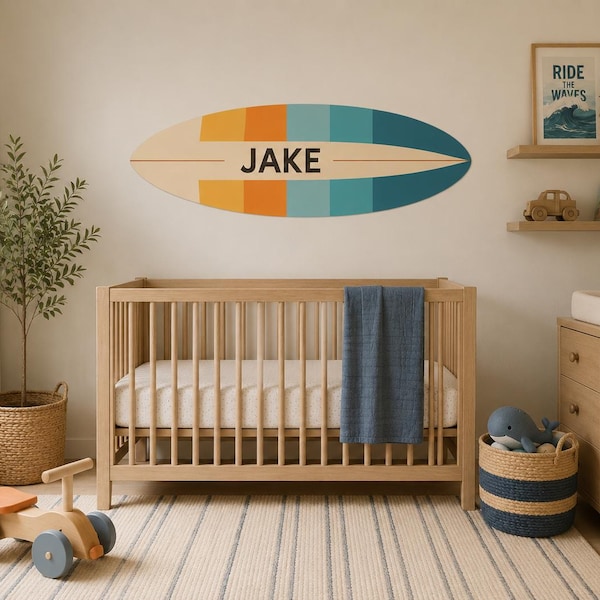 Personalized Surfboard Name Wall Decal | Custom Surfboard Nursery Decor | Coastal Boys Bedroom Wall Sticker | Beach Theme Nursery