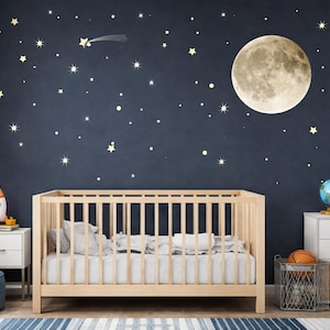 Moon and Stars Wall Decal Set – Peel and Stick Moon Wall Decor – Nursery Star Wall Decals – Night Sky Wall Art – Kids Room Space Wall Decor