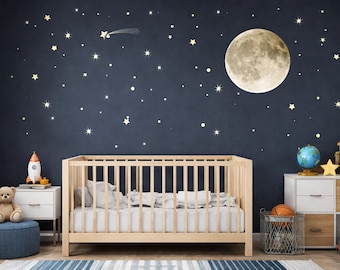 Moon and Stars Wall Decal Set – Peel and Stick Moon Wall Decor – Nursery Star Wall Decals – Night Sky Wall Art – Kids Room Space Wall Decor