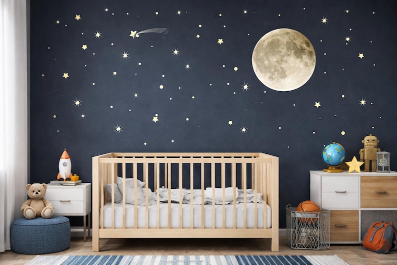 Moon and Stars Wall Decal Set – Peel and Stick Moon Wall Decor ...