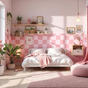 Pink Checkered Border Wall Decal, Peel and Stick Removable Wall Border, Nursery Kids Room Decor