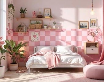 Pink Checkered Border Wall Decal, Peel and Stick Removable Wall Border, Nursery Kids Room Decor