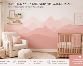 Pink Ombre Mountains Wall Decal, Peel and Stick Nursery Mural, Removable Girls Bedroom Wall Art