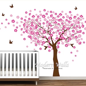 Cherry Blossom Tree Wall Decal-Tree With Birds-Blowing Tree Decal-Nursery Wall Sticker-e61