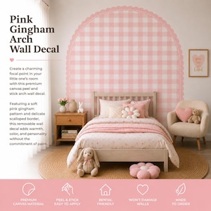 Scalloped Gingham Arch Wall Decal | Personalized Name Wall Decal | Peel and Stick Nursery Arch | Removable Kids Bedroom Wall Decor