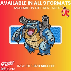 Puede incluir: Diseño bordado de un personaje de dibujos animados azul y amarillo con cañones en la espalda, sobre un fondo azul y blanco. La imagen incluye el texto "AVAILABLE IN ALL 9 FORMATS" e "INCLUDES EDITABLE FILE". Una pequeña figura de dibujos animados está en la esquina superior derecha.