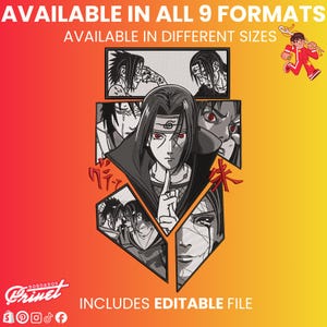 Może przedstawiać: Grafika z postaciami z anime w czerni i bieli z czerwonymi oczami. Projekt zawiera tekst "AVAILABLE IN ALL 9 FORMATS" i "AVAILABLE IN DIFFERENT SIZES". Na dole projektu znajduje się tekst "INCLUDES EDITABLE FILE".