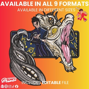 Puede incluir: Un diseño bordado que presenta un personaje con un dragón y una criatura con múltiples ojos. El diseño se encuentra sobre un fondo degradado de rojo y amarillo. El texto en la parte superior dice "AVAILABLE IN ALL 9 FORMATS" y "AVAILABLE IN DIFFERENT SIZES". El texto inferior dice "INCLUDES EDITABLE FILE".