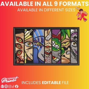 May include: Embroidered artwork featuring nine stylized faces with vibrant colors and intricate details. The text "AVAILABLE IN ALL 9 FORMATS" and "AVAILABLE IN DIFFERENT SIZES" is displayed at the top. The phrase "INCLUDES EDITABLE FILE" is at the bottom.