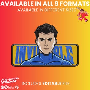 Puede incluir: Parche bordado con un personaje de rostro severo con un traje azul con la palabra "INVINCIBLES" en azul sobre un fondo amarillo. La imagen está sobre un fondo degradado de rojo, naranja y amarillo. El texto en la parte superior dice "DISPONIBLE EN LOS 9 FORMATOS DISPONIBLES EN DIFERENTES TAMAÑOS".