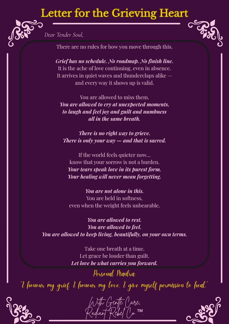 Grief Lettering Letter for the Grieving Heart - Printable Affirmation for Loss | Gentle ...