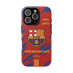 May include: A red and blue phone case featuring the FC Barcelona crest and the words "Visca Barca" and "Més que un club". The case has a textured design and a camera cutout.