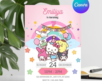 Editable Kitten Birthday Invitation, Editable Pink Girls Birthday Invite, Cute Kitty Digital Download, Canva Template, Kitty birthday theme