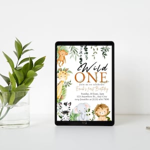 Safari Einladung zum ersten Geburtstag: Dschungeltiere, Wild One-Thema (Digitaler Download, 5x7-Zoll-Vorlage)