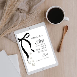 Elegant 30th Birthday Invitation: Black Bow Coquette Design (Digital Download, Editable Canva Template 5x7&quot; )