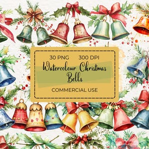 30 Watercolour Christmas Bells Clipart | Transparent PNG | High-Resolution 300 DPI | Holiday Ornament Graphics