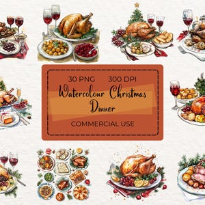 Clipart de Jantar de Natal em Aquarela: 30 Gráficos PNG Festivos para Download Digital