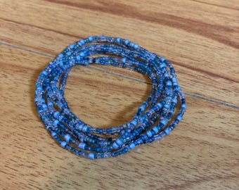 Boho Seed Bead Strand Jewelry – Multi Wrap Bracelet, Soft Mist Blue/White/Grey