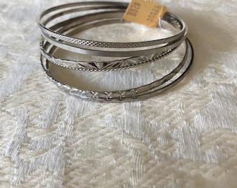 Vintage Silver-Tone Bangle Set | Diamond Cut, Rope Edge, Floral Textures | Woodward's Ephemera