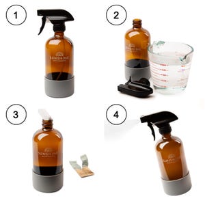 May include: Amber glass spray bottle with a black trigger and gray base, featuring the text "SUNSHINE SUSTAINABLES". The image shows the bottle assembled, disassembled, and in use, along with a measuring cup and packet.