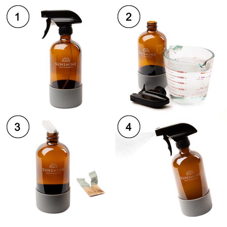 May include: Amber glass spray bottle with a black trigger and gray base, featuring the text "SUNSHINE SUSTAINABLES". The image shows the bottle assembled, disassembled, and in use, along with a measuring cup and packet.