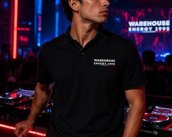 Schwarzes Polo-Shirt Warehouse Energy 1995 Techno DJ Streetwear Herren
