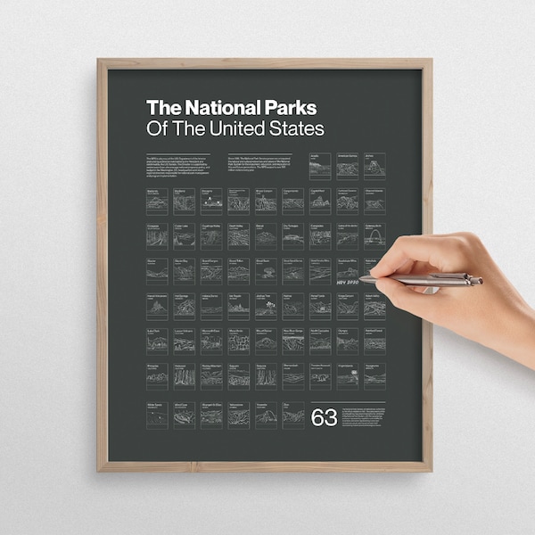 National Park Checklist Poster Modern, 63 National Parks Scratch Off Print, National Park Wall Art Gift