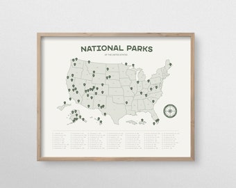 National Park Map Checklist Poster, 63 National Parks Scratch off Print, National Park Wall Art Gift