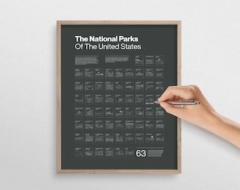 Nationale park checklist poster modern, 63 nationale parken krasafdruk, nationaal park muurkunst cadeau