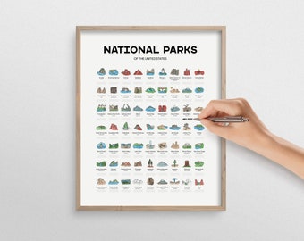 May include: A white poster with the title "National Parks of the United States" and a grid of colorful illustrations of different national parks. Each illustration is accompanied by the name of the park.