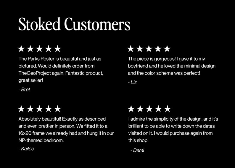 May include: Five-star reviews for a poster of The Parks. The reviews highlight the poster's beauty, accuracy, and quality. The poster is described as being exactly as pictured and even prettier in person. The reviews also mention the poster's minimal design and color scheme.