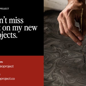 May include: A hand uses a tool to create swirling patterns in black paint. The text "Don't miss out on my new projects." is displayed above the image. The text "Instagram: @thegeoproject" and "Website: thegeoproject.co" is displayed below the image.