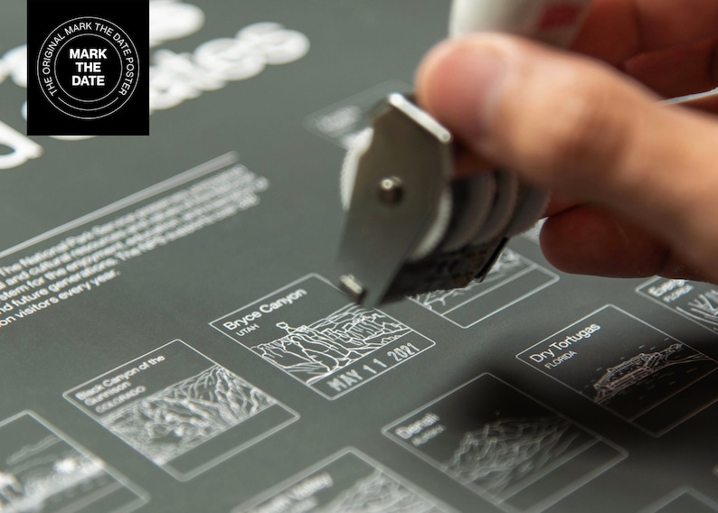 May include: A close-up of a hand using a date stamper on a gray poster with a list of national parks. The poster features the names of the parks, their locations, and a space to mark the date of a visit. The date stamper is being used to mark the date "MAY 11 2021" on the poster.