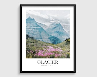 Glacier National Park Poster, Oil Painting, Glacier Nature Landscape National Park Print, Monet Style Poster