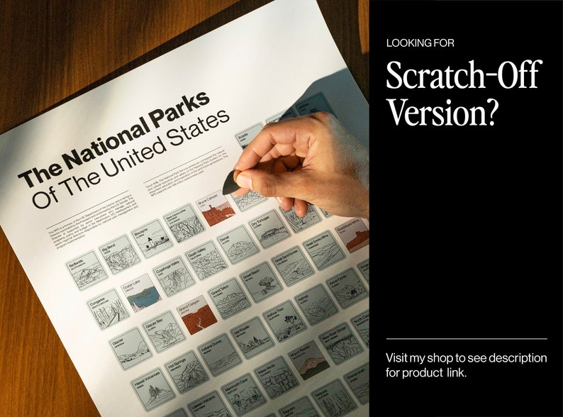 Op de afbeelding: Een poster met de titel "The National Parks of The United States" met een raster van illustraties van verschillende nationale parken. Een hand krast de coating van een van de illustraties af. De tekst "LOOKING FOR Scratch-Off Version?" staat in de rechterbovenhoek. De tekst "Visit my shop to see description for product link." staat in de rechterbenedenhoek.