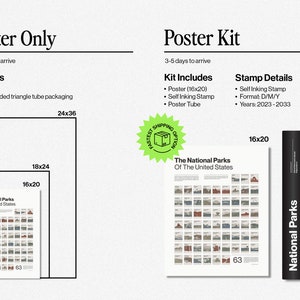 Op de afbeelding: Een poster van de nationale parken van de Verenigde Staten, met 63 verschillende parken. De poster is verkrijgbaar in twee formaten: 16x20 inch en 24x36 inch. Een posterset is ook verkrijgbaar, inclusief een zelfinktende stempel en een posterbuis.