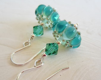 SALE-Earrings-Glowing Aquamarine-Torchworked Glass-Sterling Silver