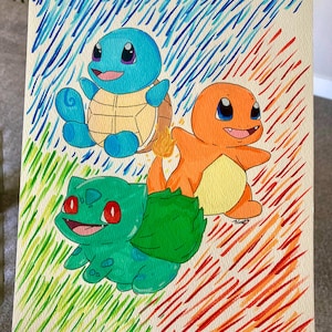 Dipinto acrilico con pennarelli raffigurante i Pokémon di prima generazione: Bulbasaur, Squirtle e Charmander. Dimensioni: 9x12 pollici.