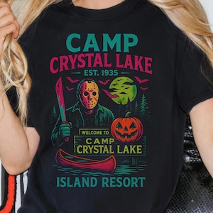 Camp Crystal Lake Neon Vintage Halloween Tee, Jason Shirt, Est 1935, Horror Movie Shirt, Halloween Gift, Spooky Tee