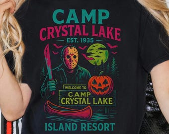 Camp Crystal Lake Neon Vintage Halloween Tee, Jason Shirt, Est 1935, Horror Movie Shirt, Halloween Gift, Spooky Tee