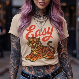 Vintage Tiger Shirt, Easy Tiger T-shirt, Y2K Tee, Oversized Shirt, Boho Aesthetic, 2000s Shirt, Y2K Shirt, Feminist Shirt, Ed Hardy Style image 2