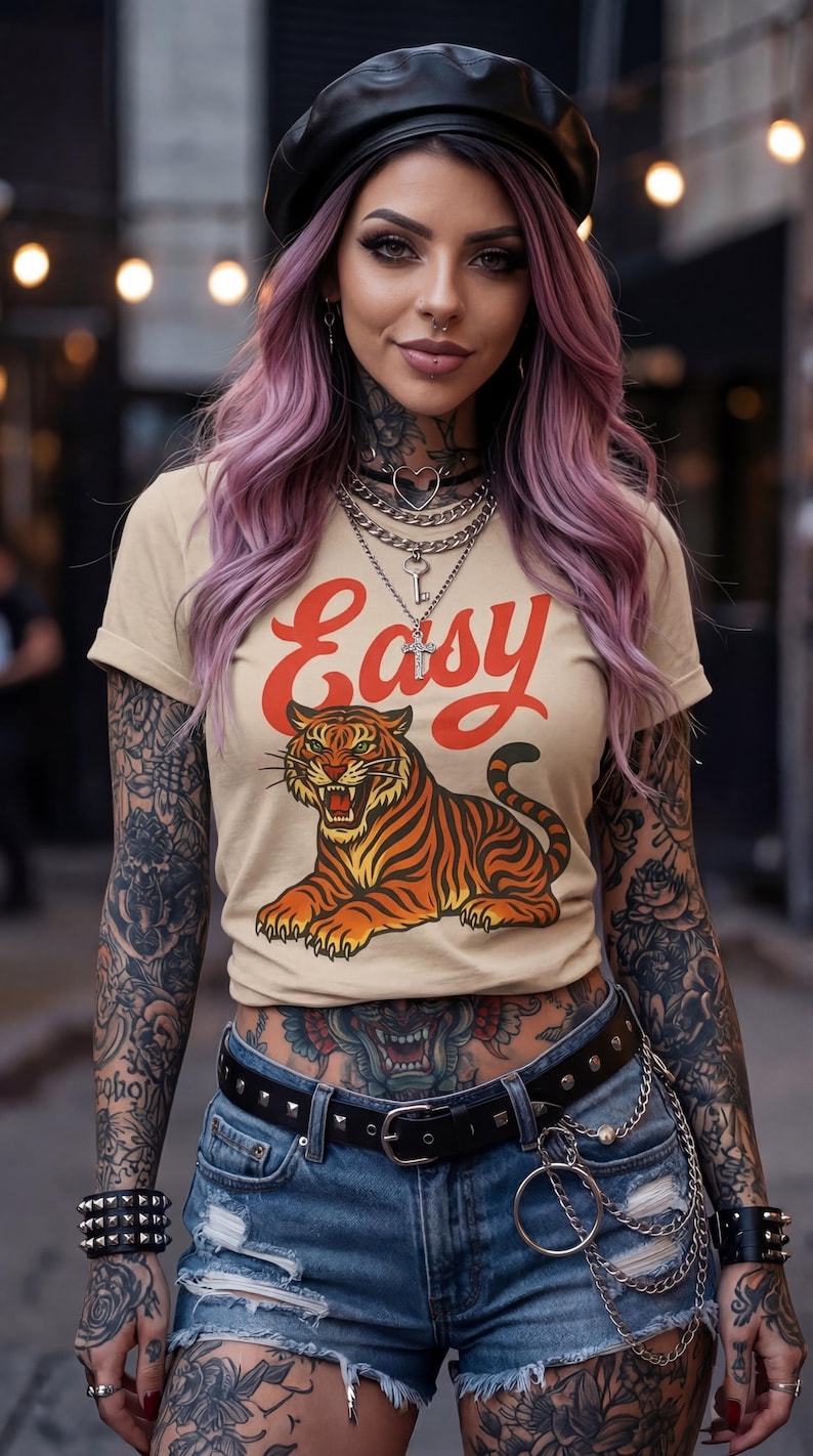 Vintage Tiger Shirt, Easy Tiger T-shirt, Y2K Tee, Oversized Shirt, Boho Aesthetic, 2000s Shirt, Y2K Shirt, Feminist Shirt, Ed Hardy Style image 2
