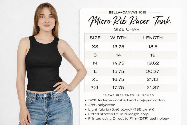 May include: A woman wearing a black Micro Rib Racer Tank. The image includes a size chart with measurements in inches. The tank is made of 52% Airlume combed and ringspun cotton and 48% polyester.