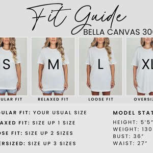 May include: A Bella Canvas 3001 t-shirt fit guide. Four models wear white t-shirts in sizes S, M, L, and XL. Text explains the fit: regular, relaxed, loose, and oversized. Model stats include height 5'5", weight 130 lbs, bust 36", and waist 27".