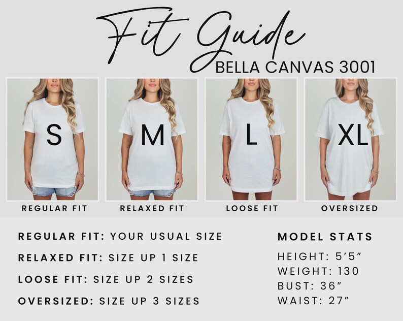 May include: A Bella Canvas 3001 t-shirt fit guide. Four models wear white t-shirts in sizes S, M, L, and XL. Text explains the fit: regular, relaxed, loose, and oversized. Model stats include height 5'5", weight 130 lbs, bust 36", and waist 27".